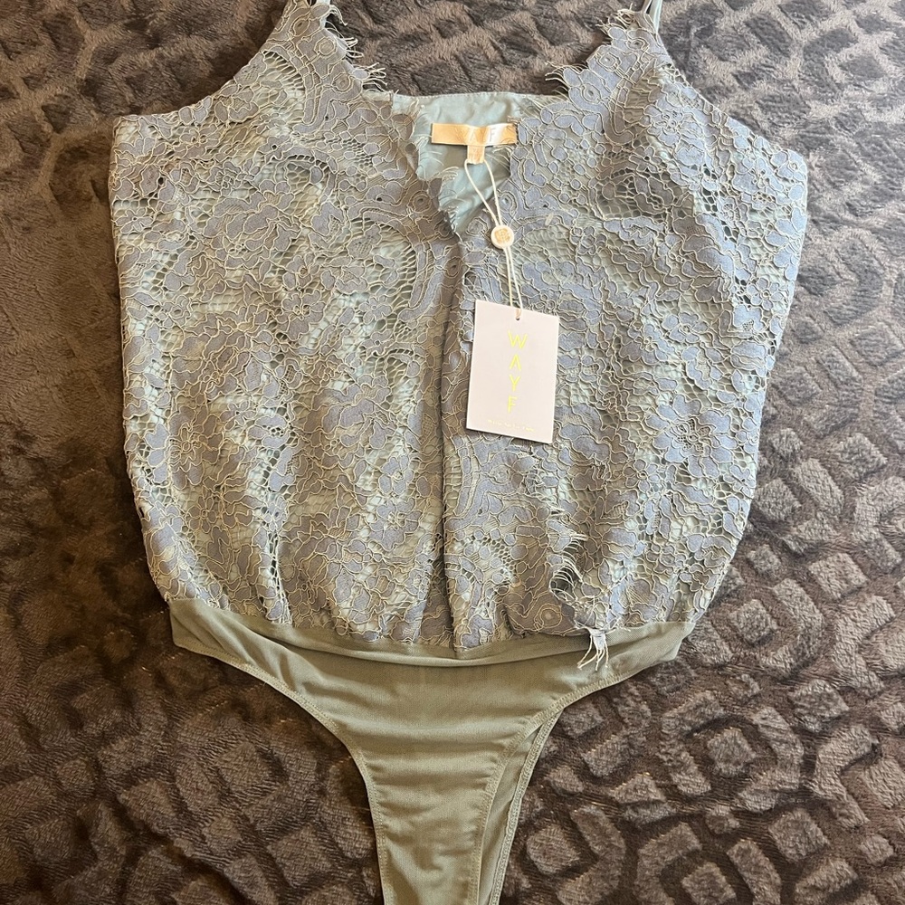 Wayf Olive Green Floral Lace Bodysuit